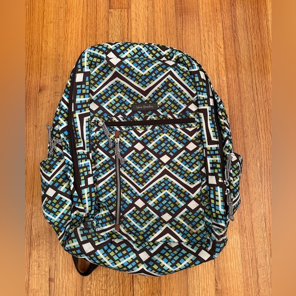 Vera Bradley Bright Green Blue Brown Geometric laptop Nylon Canvas Backpack - Picture 1 of 10